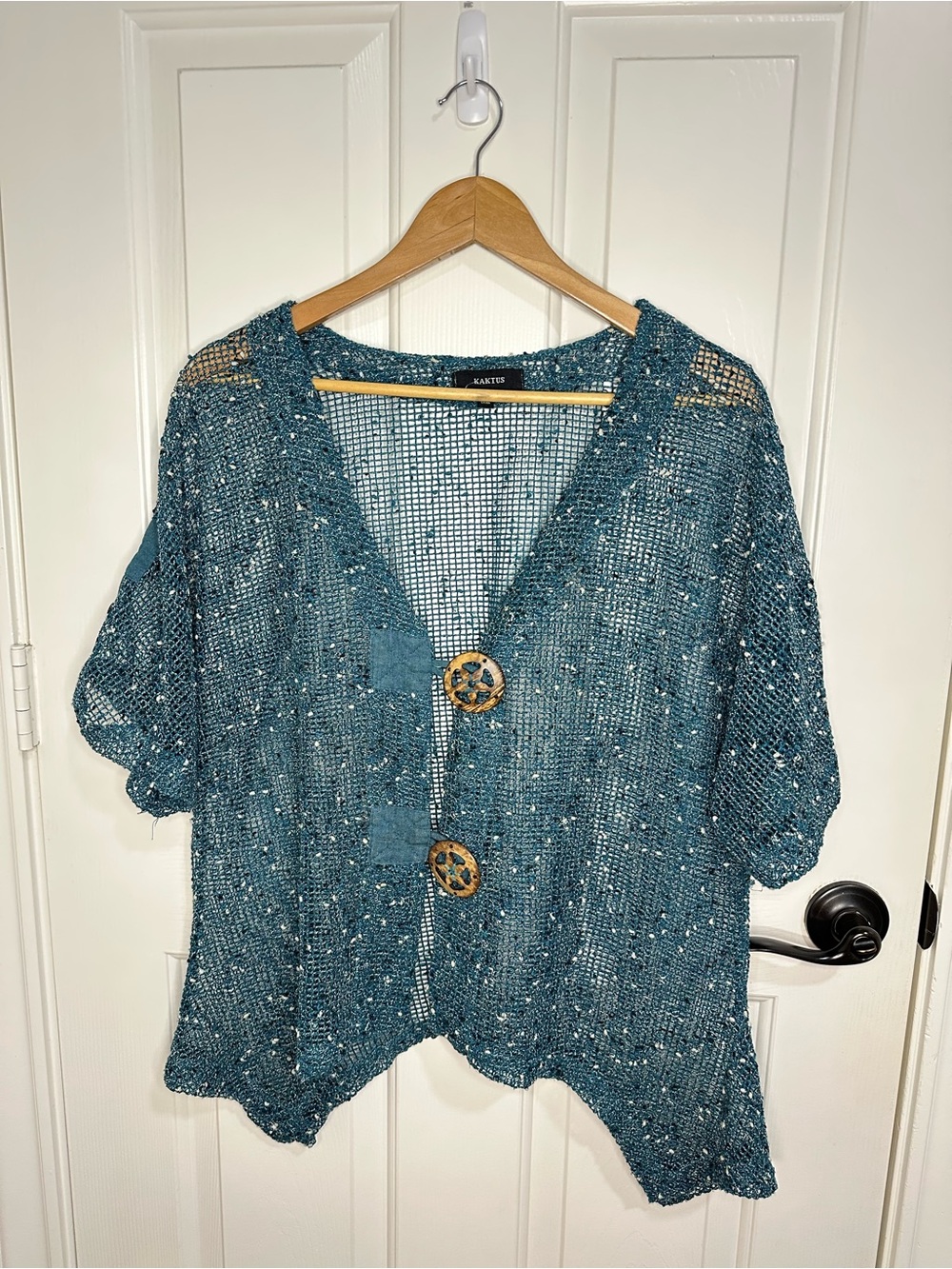 Kaktus Turquoise White Speckled Open Knit Cardigan L Mermaidcore Coastal Boho - Picture 2 of 8